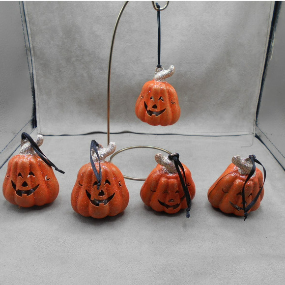 Pier 1 Imports Halloween Ornament Glitter Pumpkin Metal Bell Lot of 5 - Picture 2 of 5